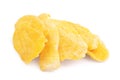 A pile of dried mango slices close-up on a white background. Isolated Royalty Free Stock Photo