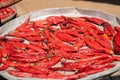 Pile of dried red hot chili peppers, food ingredient, Dried red chili on tray.