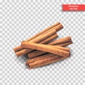 A pile of dry cinnamon bark or sticks on a transparent background. Object Decor for New Year or Christmas. Realistic Vector Illust