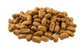 Pile of dry food for kittens cutout. Heap of small protein kibbles for young carnivore animals isolated on a white background.