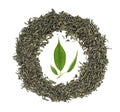 Pile of dry green tea with tea leaves isolated on white background, top view Royalty Free Stock Photo