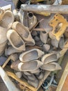 Pile of Dutch wooden clog on a market