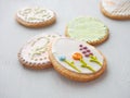 Pile of Easter sugar cookies glazed with royal icing.