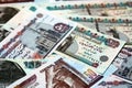 Pile of Egyptian money banknotes of 100 LE, 50 LE, selective focus of a stack of one hundred Egyptian pounds and fifty pounds Royalty Free Stock Photo