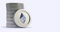Pile of Ethereums ETH simple silver coins with copy space on neutral background for banner in realistic 3D rendering.