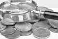 Pile of Euro coins isolated on white background. Selective focus Black and white image Royalty Free Stock Photo