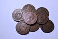 Cenital view of a pile of european coins from the eighteenth century with white background Royalty Free Stock Photo