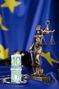 Pile of 100 euros surrounded by handcuffs on a flag of EU. Royalty Free Stock Photo