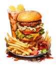 A pile of fast food: a cheeseburger, french fries, and soda. Junk food modern illustartion. Overweight concept