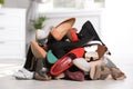 Pile of female shoes on floor Royalty Free Stock Photo