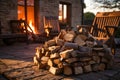 A pile of firewood, comfortably located near the country house. The landscape is filled with peace and warmth.