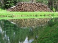 Pile of firewood in front of a small mountain lake . The woodpile is reflected on the lake. Fie allo sciliar, South Tyrol, Italy