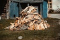 A pile of firewood that has just been chopped up near a barn, Kuldiga, Latvia. A pile of firewood that has just been chopped up