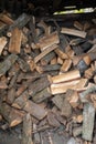 A pile of firewood. Lots of wood logs. The logs are stacked in a wood shed. Protection of ecology Royalty Free Stock Photo