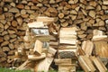 Pile of firewood. Preparation of firewood for the winter at an old farm house on the farm Royalty Free Stock Photo