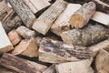 Pile of firewood. Stack of wood. Chopped firewood. Dry logs in storage. Rural scene. Cut wood. Royalty Free Stock Photo