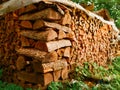 Pile of firewood for stove or fireplace. Traditional material to keep house warm. Alternative heating source. Winter preparation