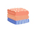 Pile of folded clothes flat vector illustration. Knitted woolen garment. Striped and checkered apparel. Packed outfit
