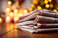 Pile of folded newspapers on a wooden surface with festive blurred background Royalty Free Stock Photo