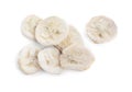 Pile of freeze dried bananas on white background, top view Royalty Free Stock Photo