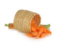 Pile of fresh baby carrots laying on a white background