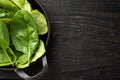 Pile of fresh green baby spinach leaves, in frying cast iron pan or pot, on black wooden table background, top view flat lay, with Royalty Free Stock Photo