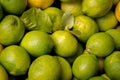 Pile of fresh green yellow limes at market for sale - top view, wallpaper