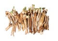 Pile of fresh horseradish roots isolated on white, top view Royalty Free Stock Photo