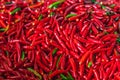 Pile of fresh red chilli peppers texture. Raw food background. Close up. Traditional vegetable market in Bangkok