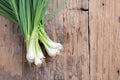 Pile of fresh spring onion on wood table Royalty Free Stock Photo