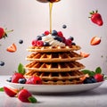 Pile of fresh waffles, sweet breakfast food with syrup and fruits