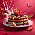 Pile of fresh waffles, sweet breakfast food with syrup and fruits