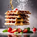 Pile of fresh waffles, sweet breakfast food with syrup and fruits