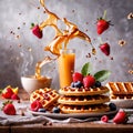 Pile of fresh waffles, sweet breakfast food with syrup and fruits