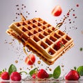 Pile of fresh waffles, sweet breakfast food with syrup and fruits