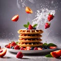 Pile of fresh waffles, sweet breakfast food with syrup and fruits