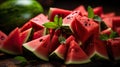 Pile of fresh watermelons, one has been cut open, you can see a fresh red watermelon without seeds, Generate AI