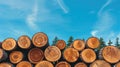 Pile of freshly cut timber logs stacked under a bright blue sky with scattered clouds. Royalty Free Stock Photo