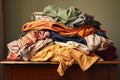 a pile of freshly dry-cleaned clothes folded neatly on a table