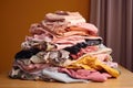 a pile of freshly dry-cleaned clothes folded neatly on a table