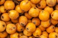 Pile of freshly picked ripe juicy bright orange medlar loquat fruits at farmers market. Local homegrown produce agriculture