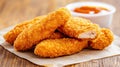 A pile of fried chicken nuggets and a small bowl of ketchup, AI Royalty Free Stock Photo