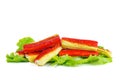 Pile of fried crab sticks on green lettuce isolated on a white Royalty Free Stock Photo