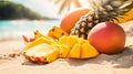 A pile of fruit on a beach, including pineapple and mango Royalty Free Stock Photo