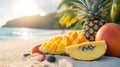 A pile of fruit on a beach, including a pineapple and a mango Royalty Free Stock Photo