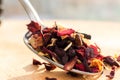 Pile of fruit tea with petals and dry fruit .The composition of the heap of tea leaves and dried hibiscus flower. Royalty Free Stock Photo