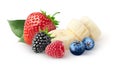 Pile of fruits. Fruits for smoothie. Banana, strawberry, blueberry, raspberry, blackberry fruit isolated on white background Royalty Free Stock Photo