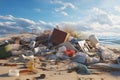 Pile of garbage on the beach. Empty used dirty plastic. Dirty sea sandy shore. Environmental pollution. Ecological problem