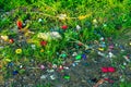 A pile of garbage from children`s colorful toys on the grass in the sunlight. Concept of environmental protection