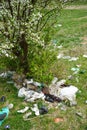 A pile of garbage in a clearing in the countryside against the backdrop of a flowering tree on a spring day. Vertically